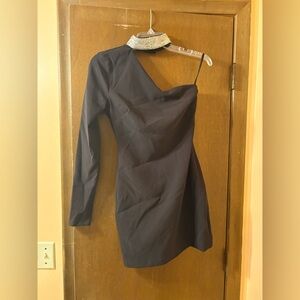 H:ours black asymmetrical one shoulder embellished choker bodycon mini dress